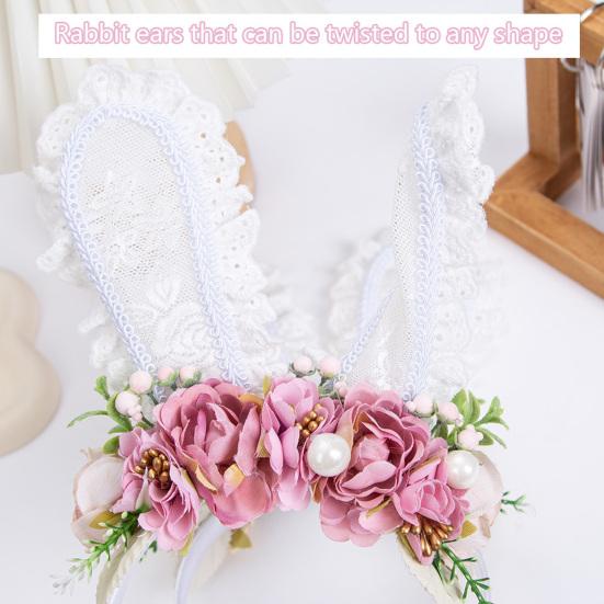 Bunny Headband Lace Bunny Ear Design Hair Hoop with Colorful Artificial Flowers Forest Style Easter