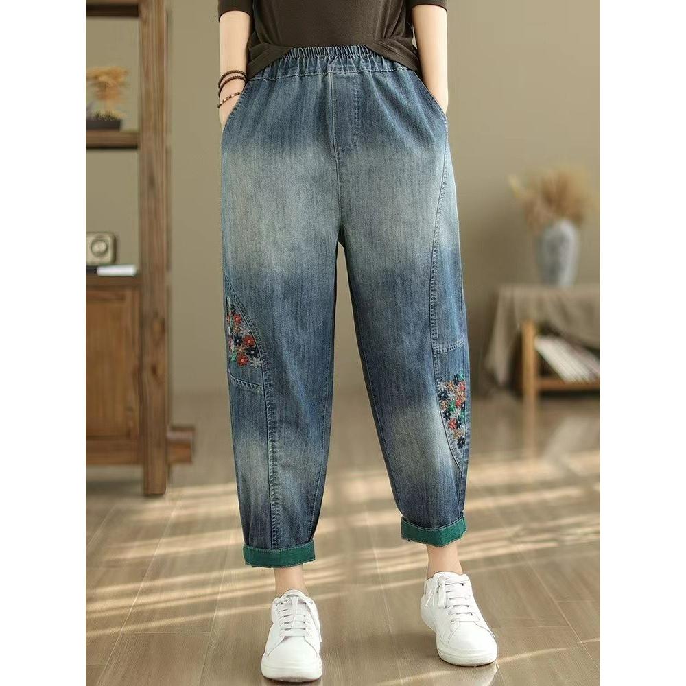 Spring and Summer Loose Literary Retro Jeans Nine-point Harem Pants Stitching Contrast Color Daddy Pants Women