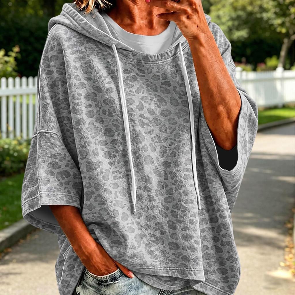 Damen Casual Sweatshirt mit Leopardenmuster und Dreiviertelärm, lockere Passform, Pullover Top