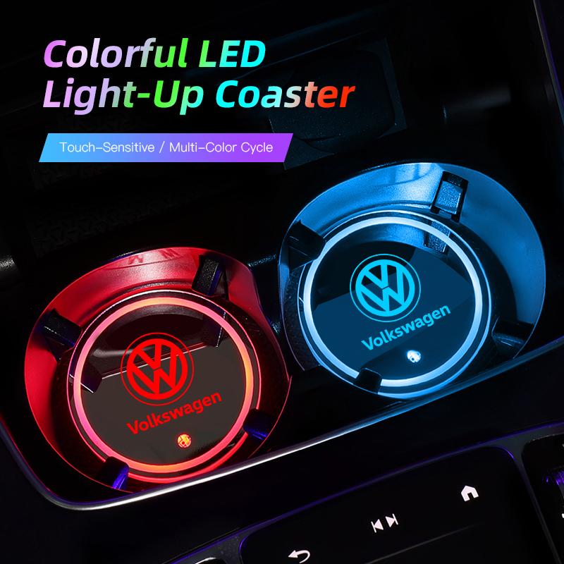 2Pcs Touch RGB LED Car Cup Holder Pad Coaster Accessories For VW GTI Polo Golf MK6 Passat B6 Tiguan Arteon Jetta T-ROC ID.4 CC zk4