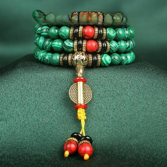 Malachite Buddhist Rosary: 108 Bead Bracelet, 8mm Round Beads for Men & Women