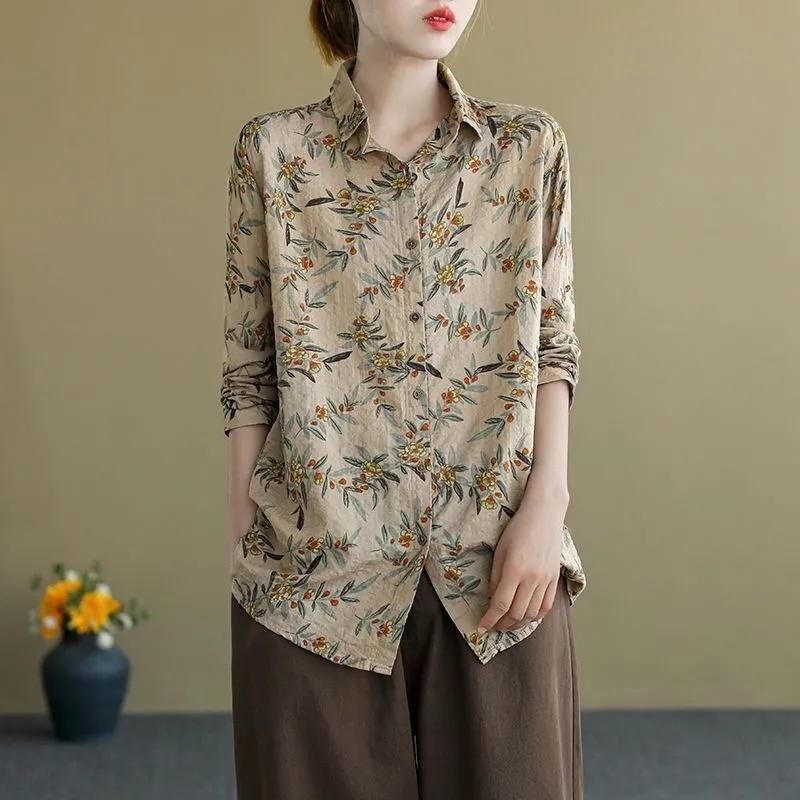 Vintage Printed Long Sleeve Loose Fit Cotton Linen Shirt M