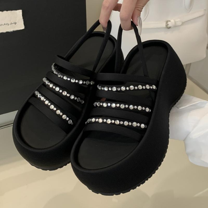 Bling Rhinestone Thick-Soled Open Toe Women Sandals 2025 Summer Fashion Design Retro Roman Ankle Strap Women Beach Slippers