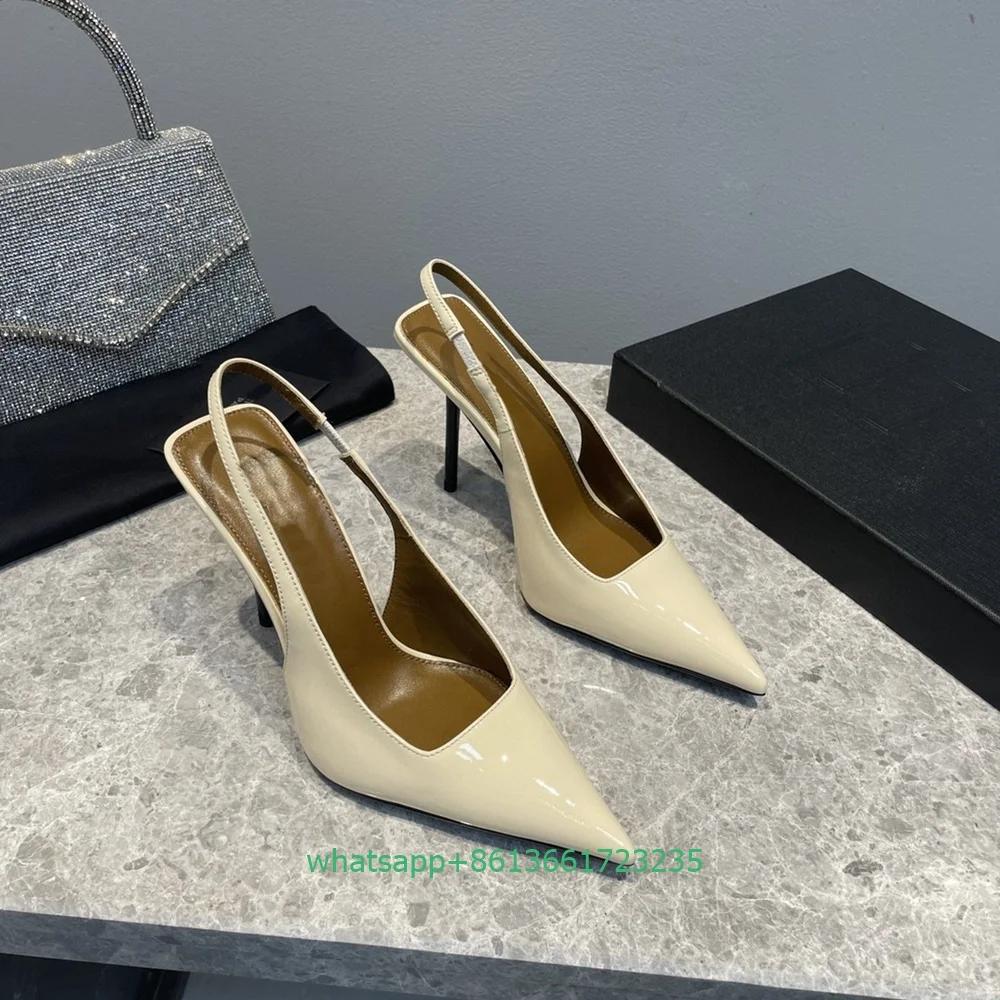 Fashion Slip On Back Strap Slingback Thin High Heels Patent Leather Square Shallow Women Pumps Pointed Toe Sexy Fashion Sandasl Pumps