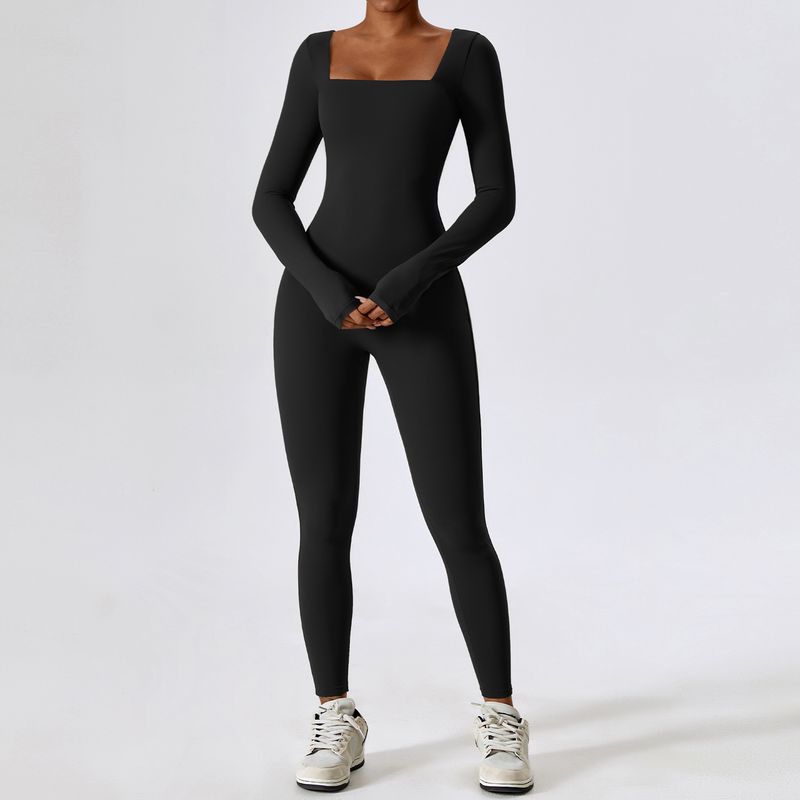 

and American Winter Buttock Lifting Long sleeve Tight One-Piece Yoga Clothes Women Outdoor Running Sports Workout Clothes Square Collar Peach Hip Classy Black XL
