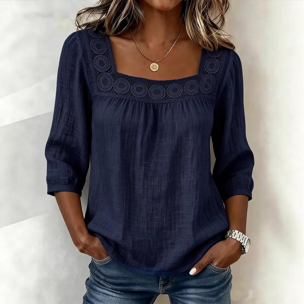 Women's Square Neck Lace Trim 3/4 Sleeve Blouse Multi Colors Casual Top