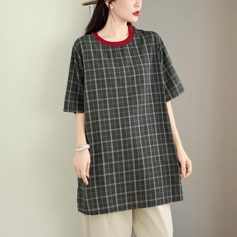 

DIMANAF 2025 Summer Plus Size T-Shirt Vintage Women Short Sleeve Plaid Fashion Loose Tops Tees One Size зелёный