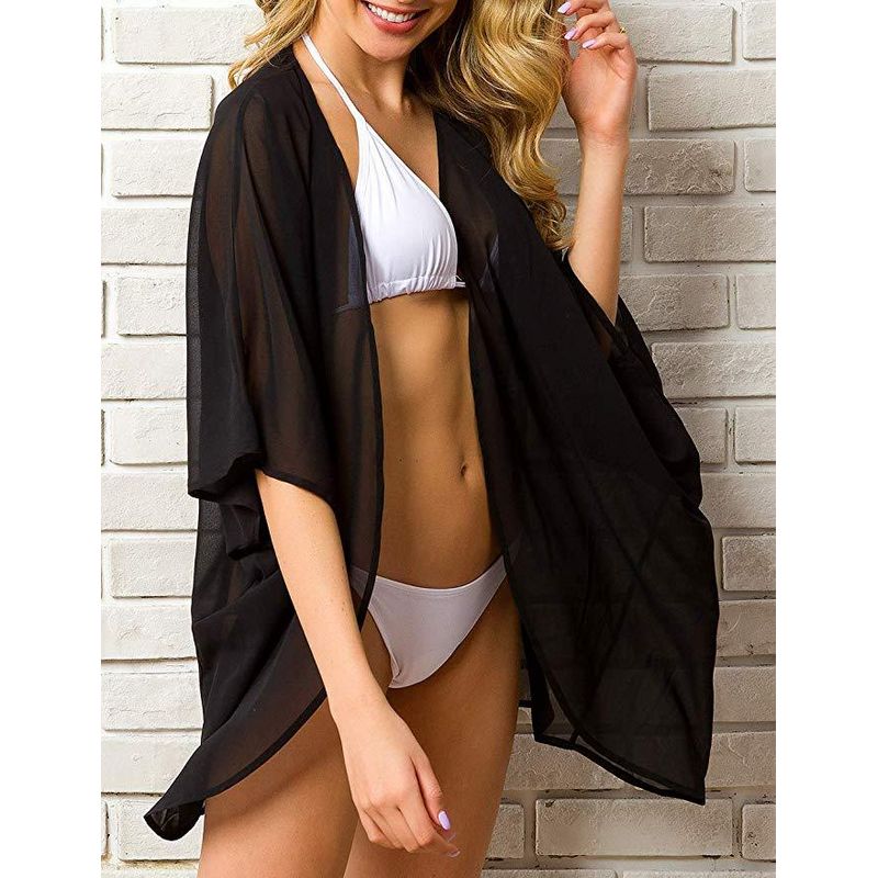 

New Amazon Fashion Spring/Summer Women s Beach Style Seaside Chiffon Sunscreen Shawl Blouse Chiffon Shirt Black L