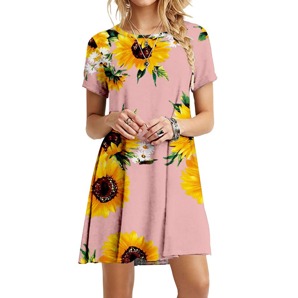 Dresses For Summer New Women Boho Sunflower Print Dress Casual O-Neck Short Sleeve Loose Ladies Dress