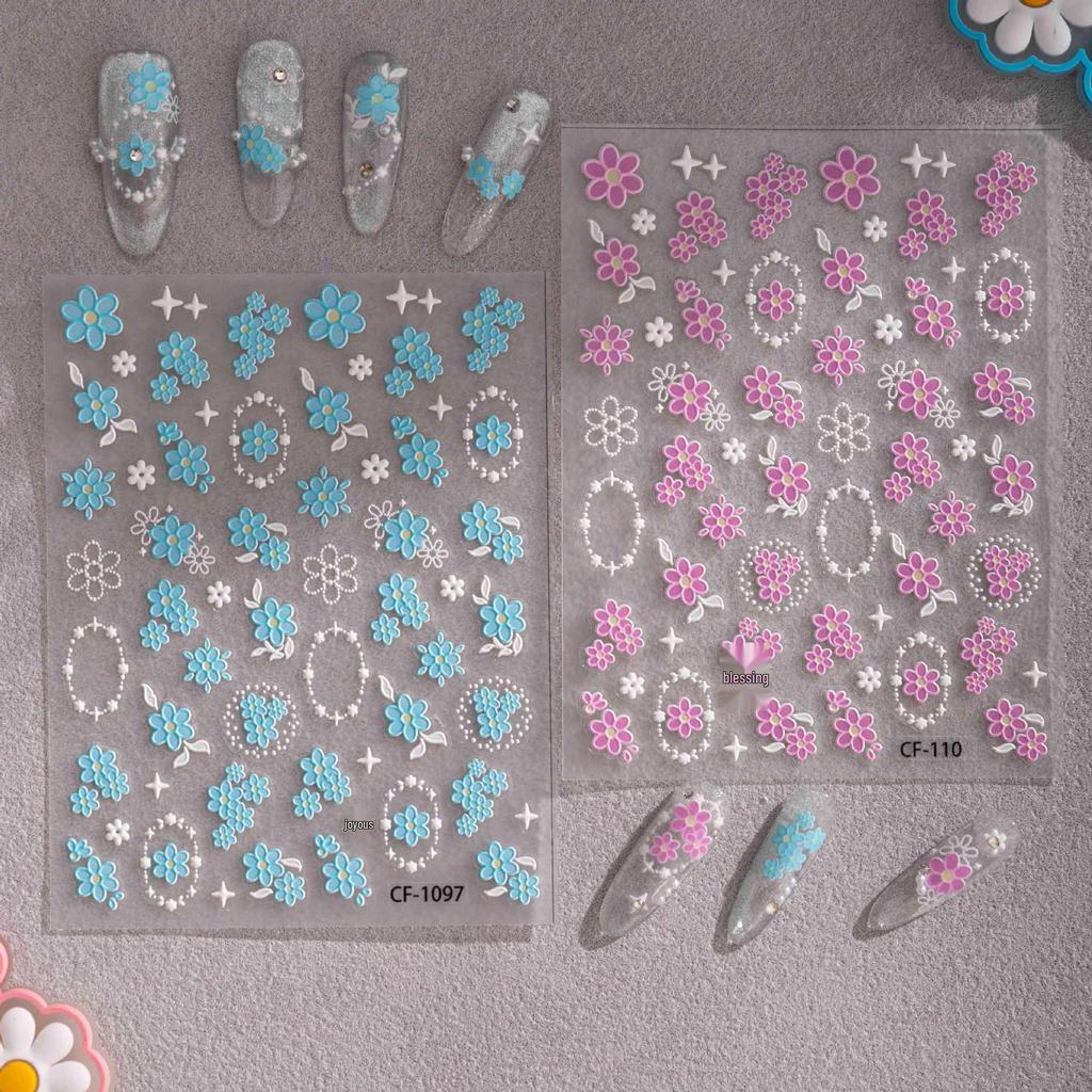 Cyansea Light Blue Floral Nail Art Stickers - Cute Leaf & Blooming Flowers Design with Back Adhesive