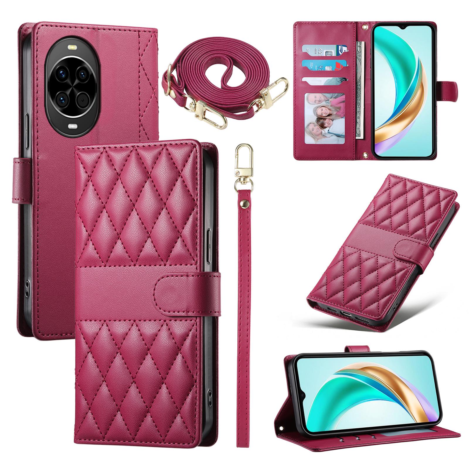 

Для Huawei nova 14 5G Чехол Ромбовидная прострочка Кошелек Подставка Кожаный чехол для телефона с длинным/коротким ремешком Red