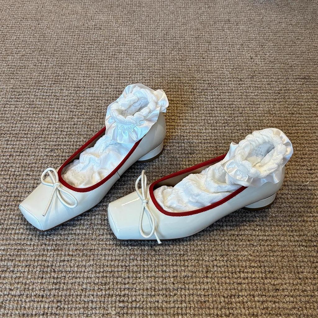 Schafsleder-Version~ Schleife quadratische Zehe personalisierte Leder Einzel Schuhe Damen niedriger Absatz ein Pedal leichter Mund mit Rock Mary Jane Schuhe