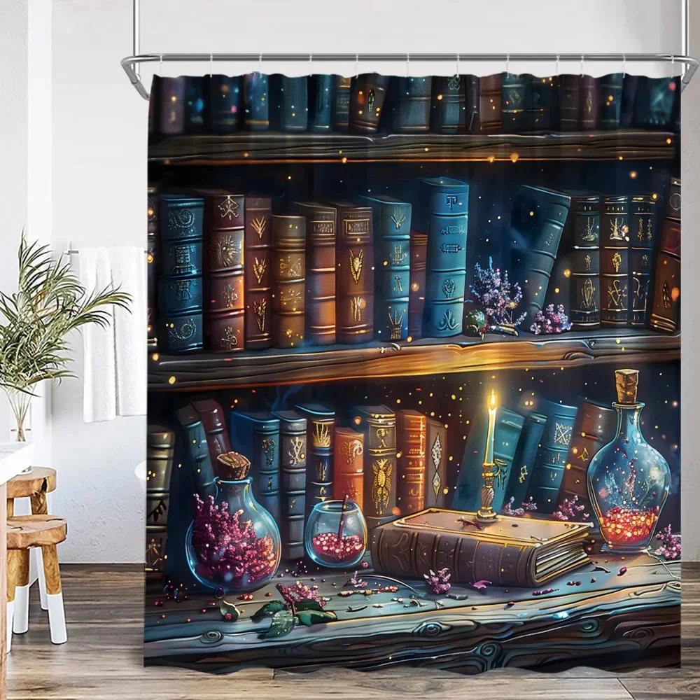 

Wizard Magic Halloween Shower Curtain Magic Bookshelf Apothecary Witch Room Astrology Bathroom Decoration Shower Curtain W120xH180cm