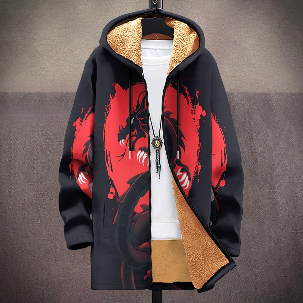 New jacket: multi-colored pattern elements, zipper hooded cardigan, thickened winter fleece padded clothes, yellow lining, trendy cotton clothes