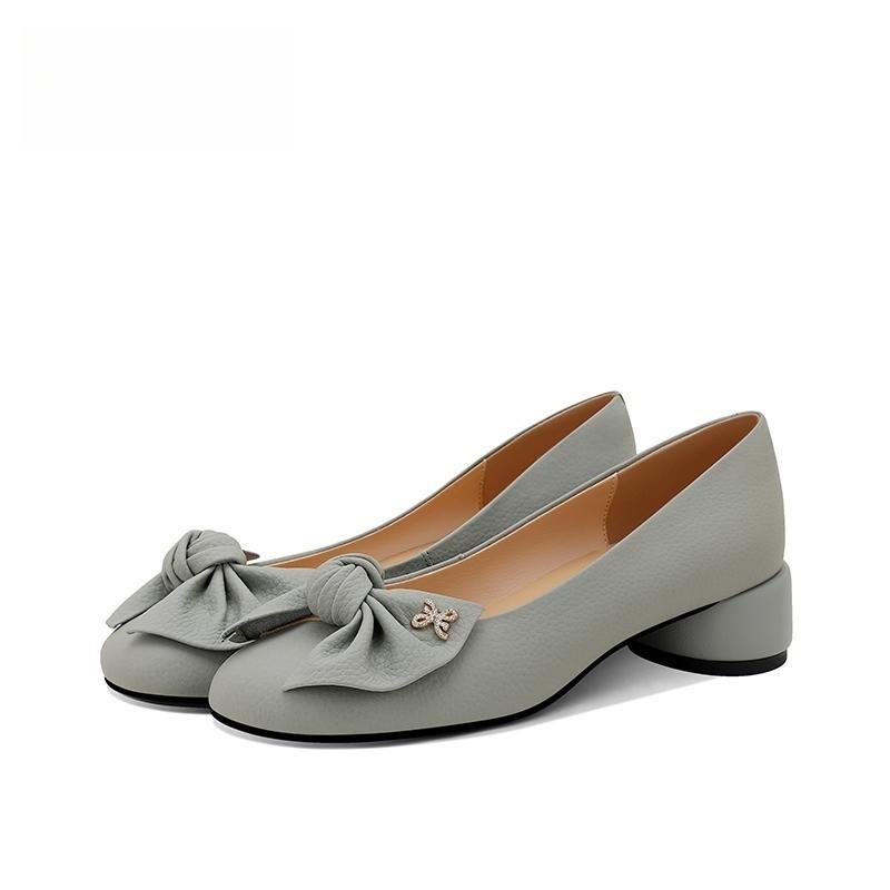 

Autumn women s shoes 2025 new bow leather shoes women s shallow middle heel shoes round head thick heel gray 34