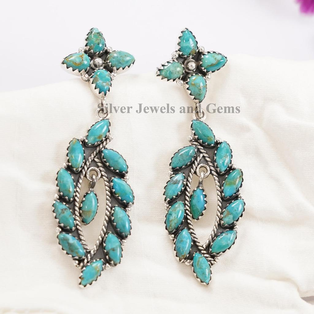 Kingman Turquoise Sterling Silver Stud Earrings: Long Dangle Studs