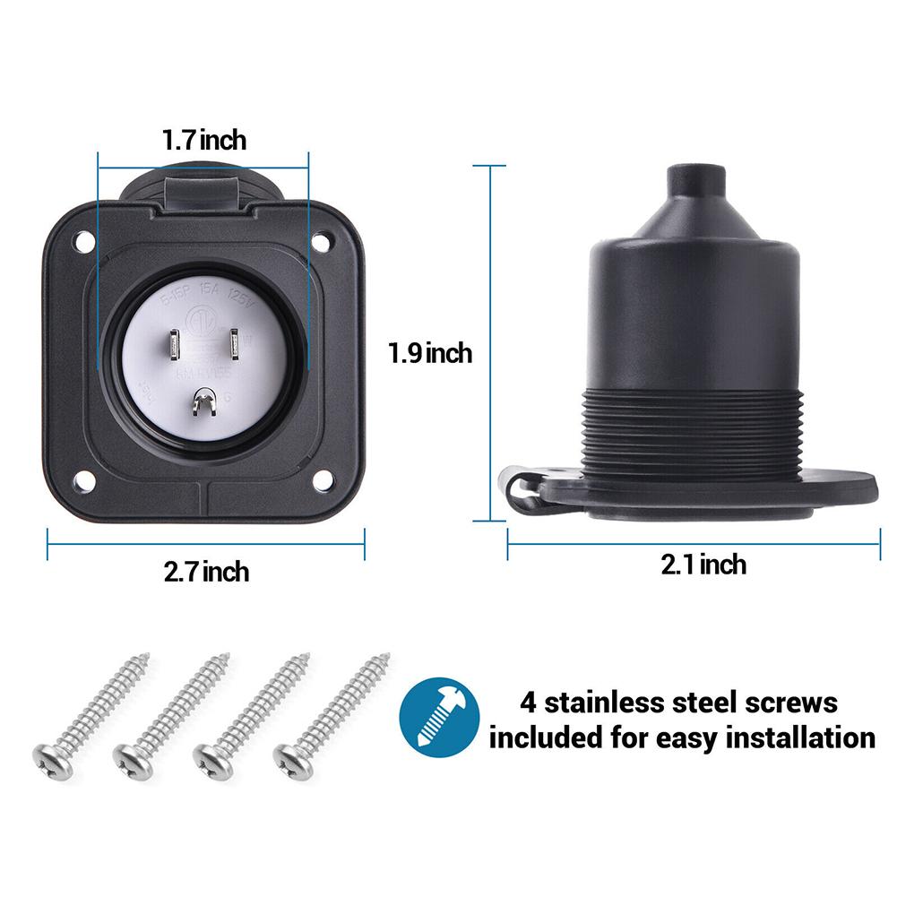 15 Amp Power Inlet Receptacle 15a 125v Waterproof Socket Square US Plug Rv Plug Socket Nema 5-15p Connector