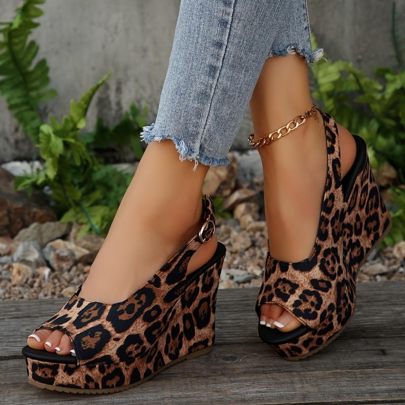 Women'S Stylish Black & Brown Leopard Print Platform Sandals - Comfortable Open-Toe Slip-On with Thick Rubber Sole, Faux Cover Lining, All-Season