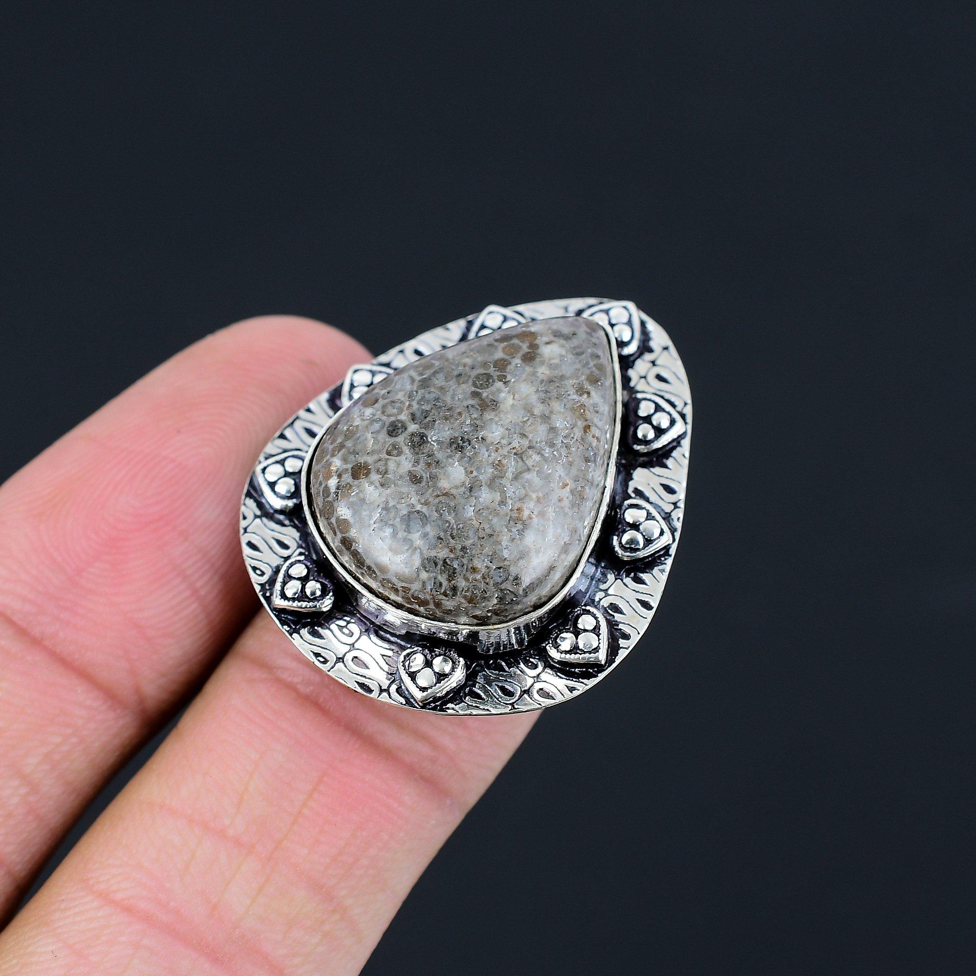 

Natural Stingray Coral Gemstone Statement Ring Size 6.5 925 Silver For Women 6.5