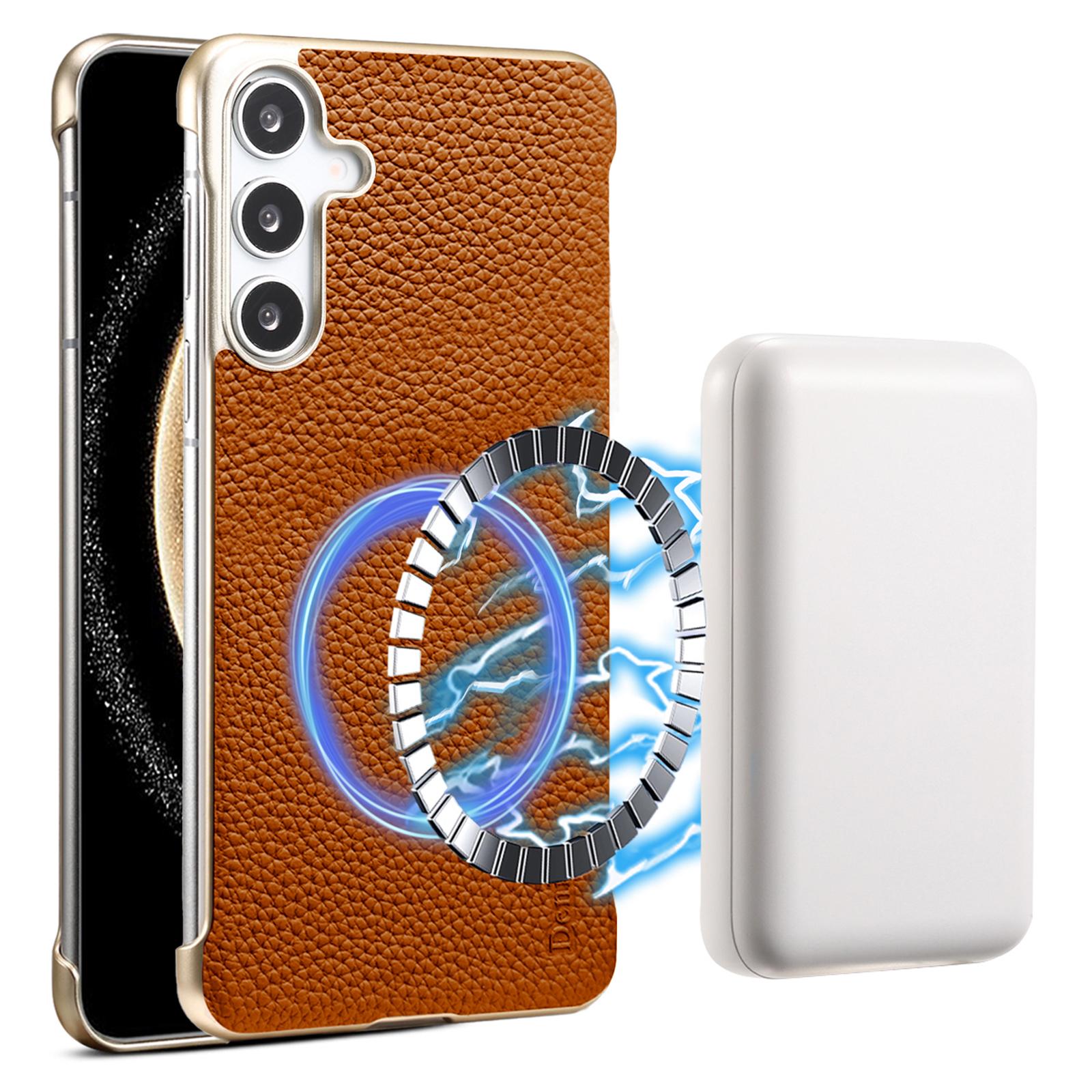 

For Samsung Galaxy S25+ Magnetic Case Litchi Texture Genuine Cow Leather + PC Boardless Phone Cover B