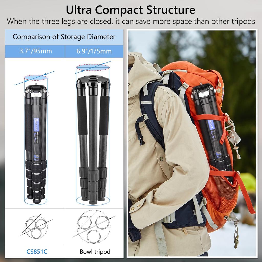 ARTCISE 36mm Diameter Compact Travel Carbon Fiber Nut CNC Carbon for Cameras and Digital 30kg Weight Capacity Tripod, 5-Section, Locking, Machined,