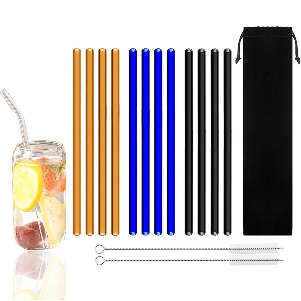 15Pcs Reusable Glass Drinking Straw Set with Brush High Borosilicate Glass Straws for Smoothies Cocktails Party Bar Accessories