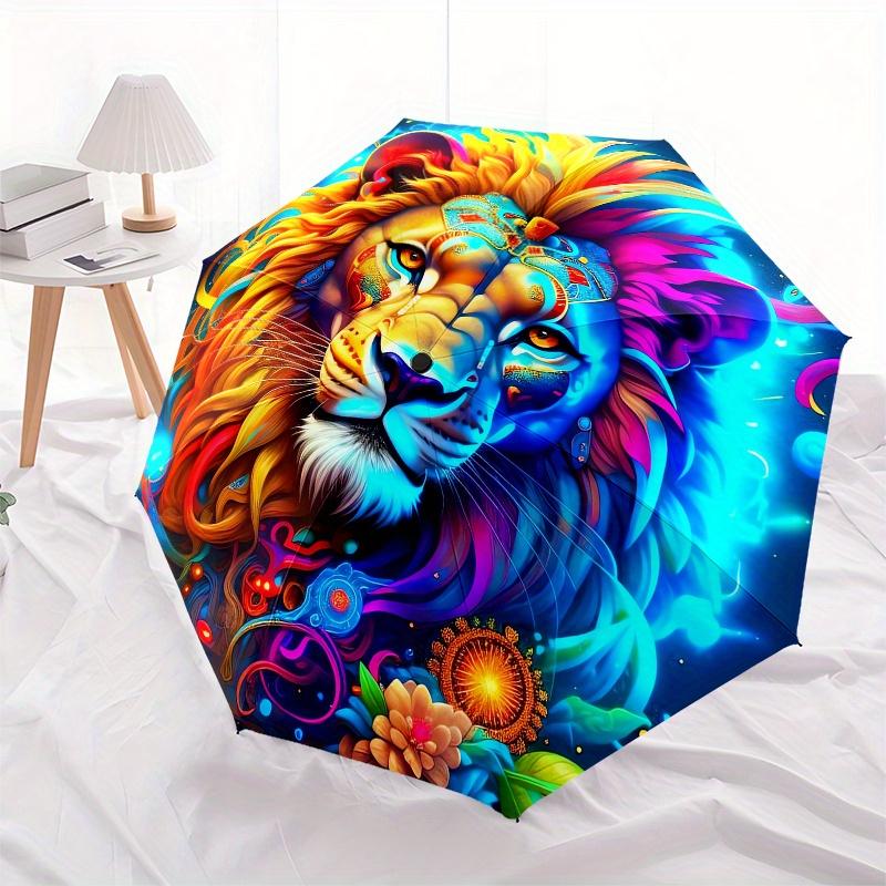 Lion, Fantasy Automatic Folding Umbrella 8 Ribs, Durable Iron Frame, Bright Color Pattern Compact Travel Umbrella, Suitable for Outdoor, Be