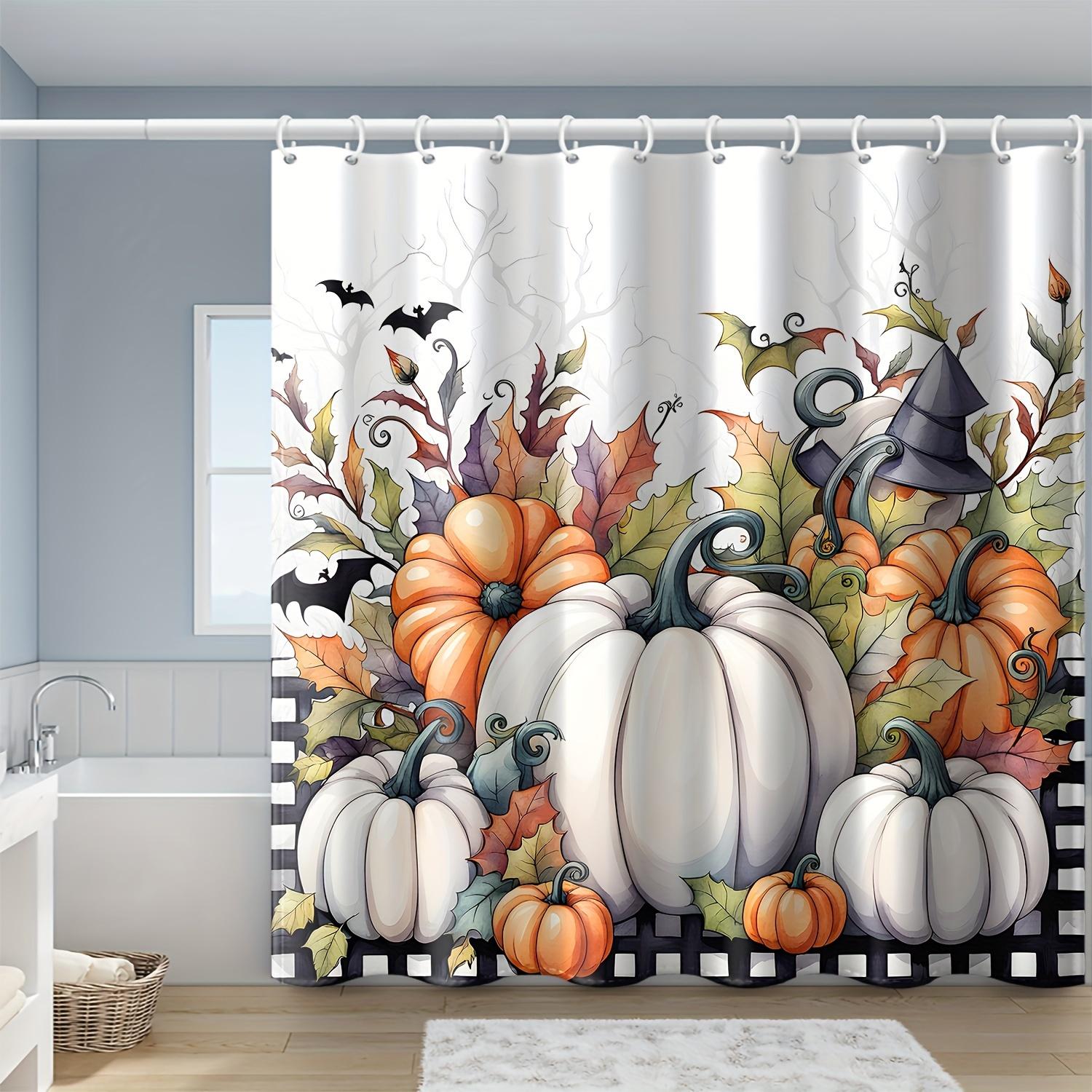 Black And White Checkered White Orange Pumpkin Halloween Printed Shower Curtain W60H190(CM)-1 Pcs