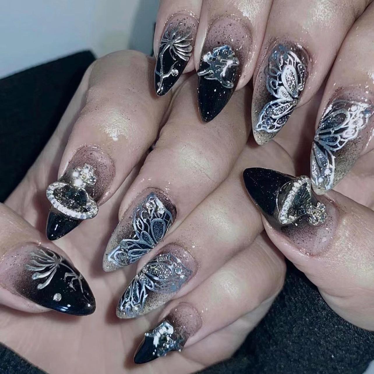 Spice Girl French Manicure False Nail Butterfly Wearing Nail Patch Almond Wearing Nail Flash Diamond Planet Ring Nail Patch