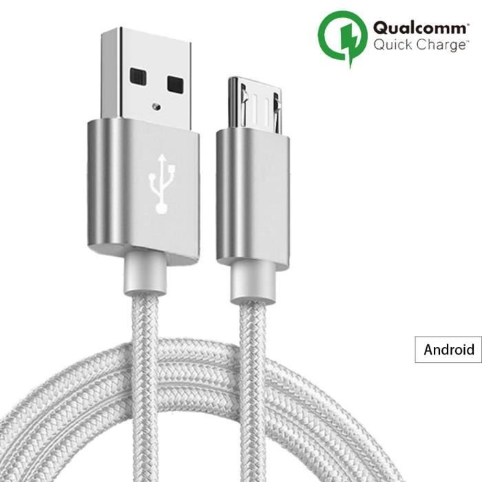 Câble Micro USB - PROSHOP - 1M - Nylon Argenté - Compatible Android - Connecteur Micro USB