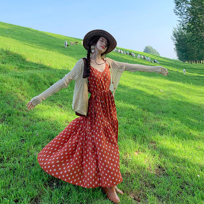 Dream Horse Retro Vacation Long Skirt Qinghai Big Northwest Red Dress Bohemian Suspender Dress Backless Woman