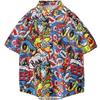 Niche Printed Collar Shirt, Floral Graffiti Simple Brushstrokes Landscapes Trendy Short Sleeves for Young People