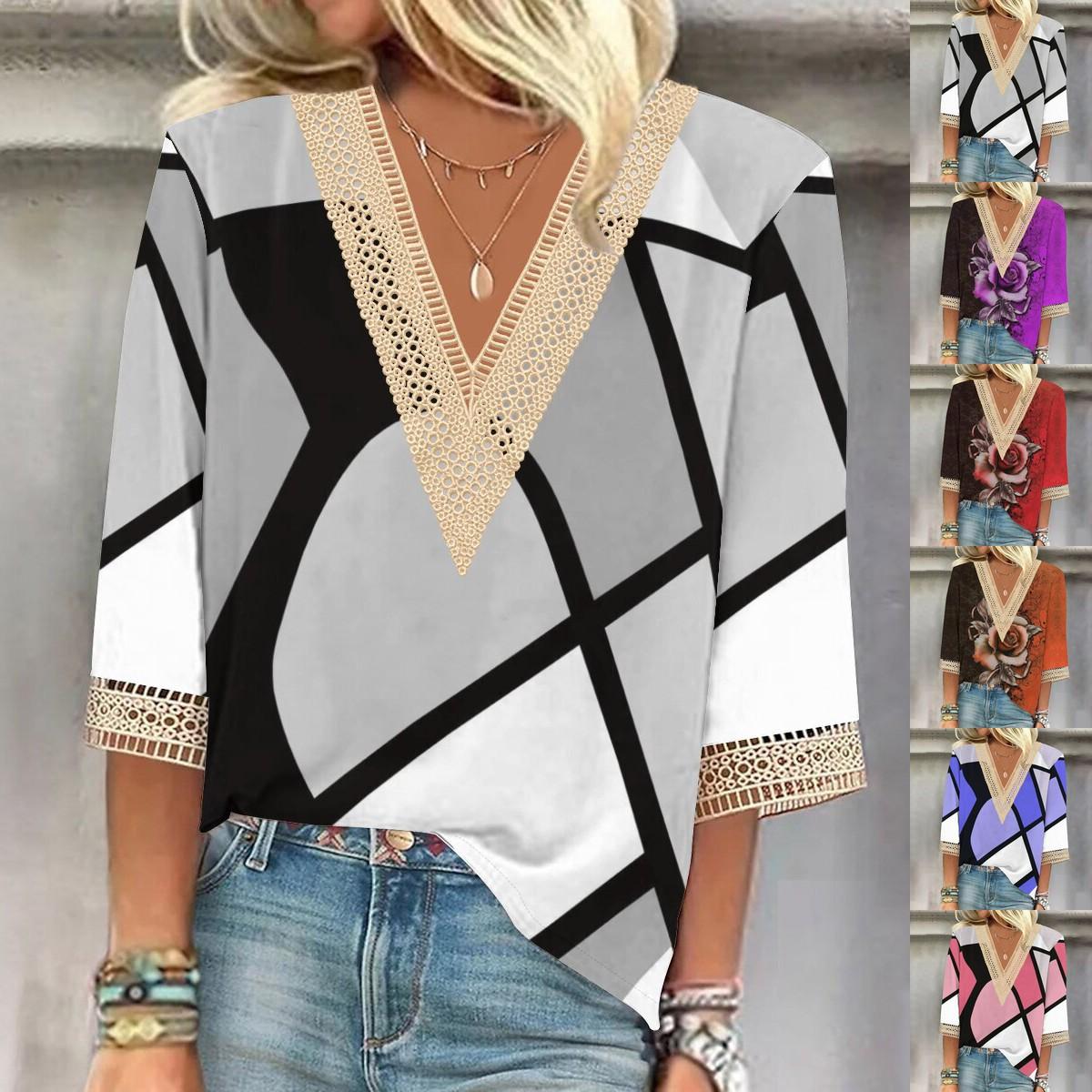 

Летняя новая модная женская кружевная футболка с v-образным вырезом и рукавом три четверти, повседневная футболка больших размеров S-2XL