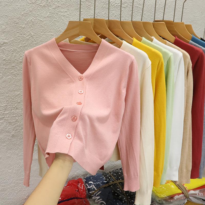 V-neck short knitted cardigan jacket women's spring and autumn new black outer sweater long-sleeved bottoming shirt top