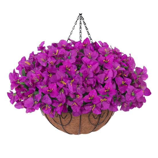 1/2Pcs Hanging Artificial Bougainvillea Speetabilis with Coconut Palm Flower Basket UV Resistant Fake Flower Indoor Outdoor Faux Bloom Decoration