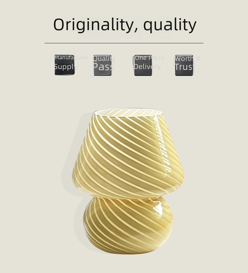 American Medieval Vintage Striped Glass Mushroom Table Lamp with USB - Retro Bedside Night Light