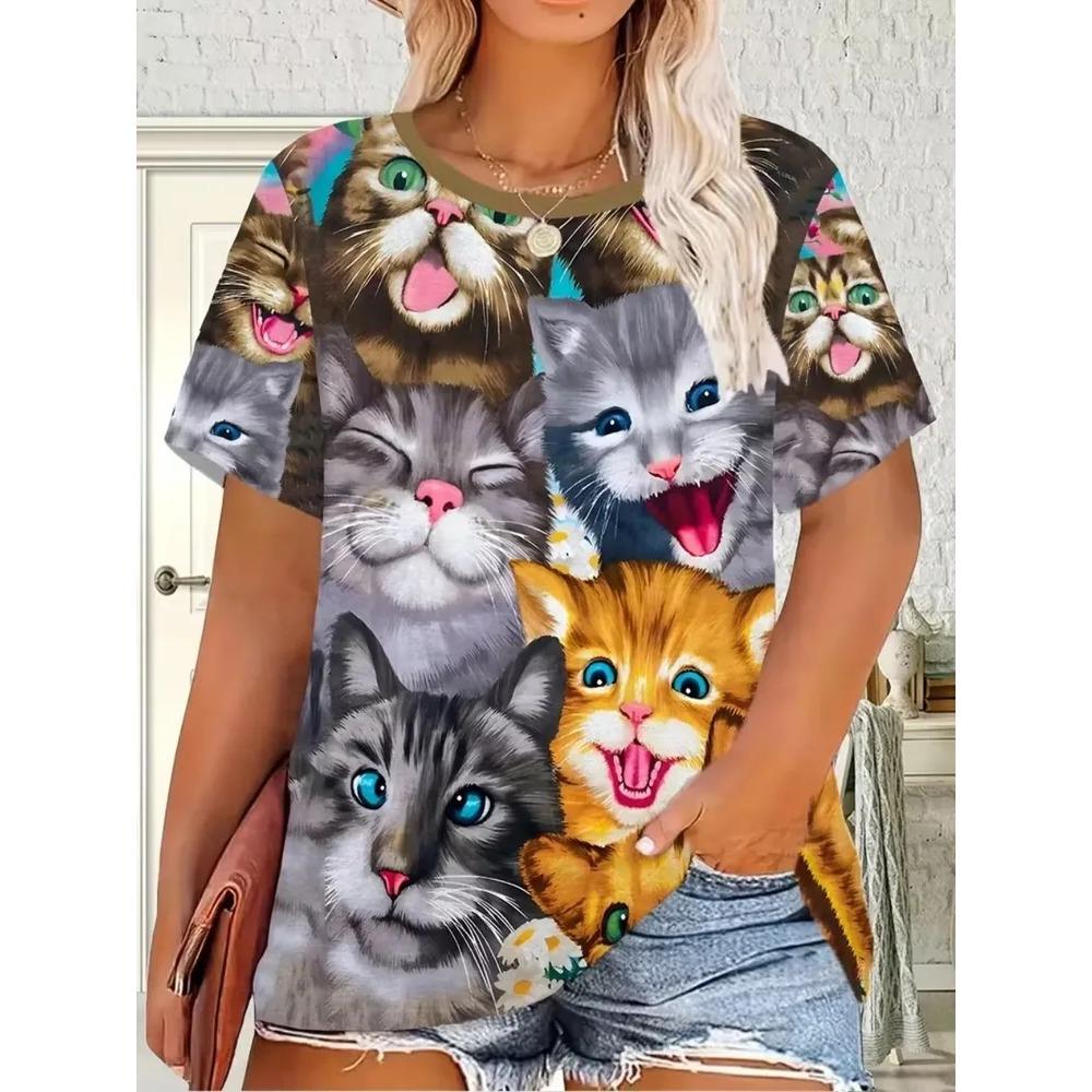 Animals Fun 3D Printed Short Sleeved T-shirt Fashionable Comfortable Soft Breathable Large Loose Summer Womens T-shirt