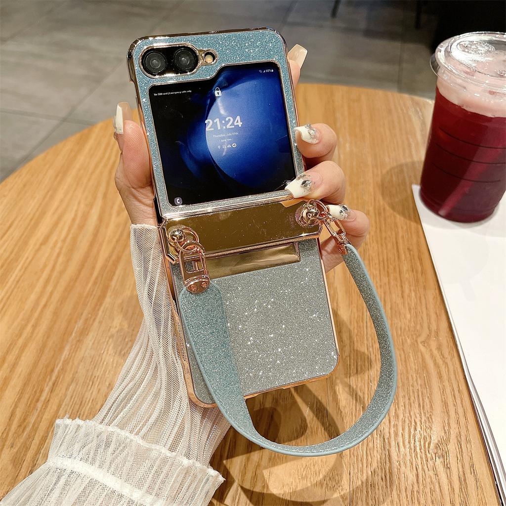For Samsung Galaxy Z Flip5 5G/Z Flip6 5G Case Hinge Protection Hard PC Glitter Phone Cover with Wrist Strap