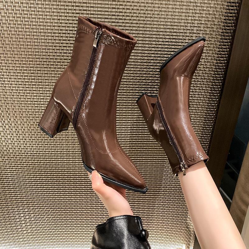 Women's Slim Pointed High-Heeled Ankle Boots - French Style, Fall/Winter 2024, Thick Heel, Outdoor Martin Style