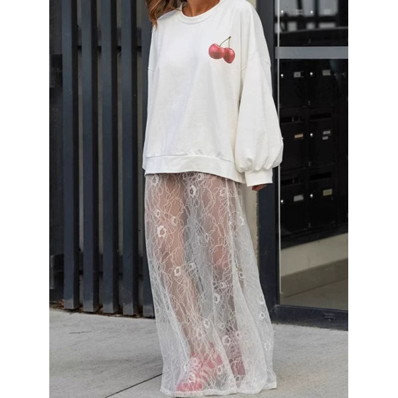 

Lace Jacquard Loose-Fitting High Waist Stylish See-through Sheath Skirt Sexy Lace Sheer Skirt White 2 L