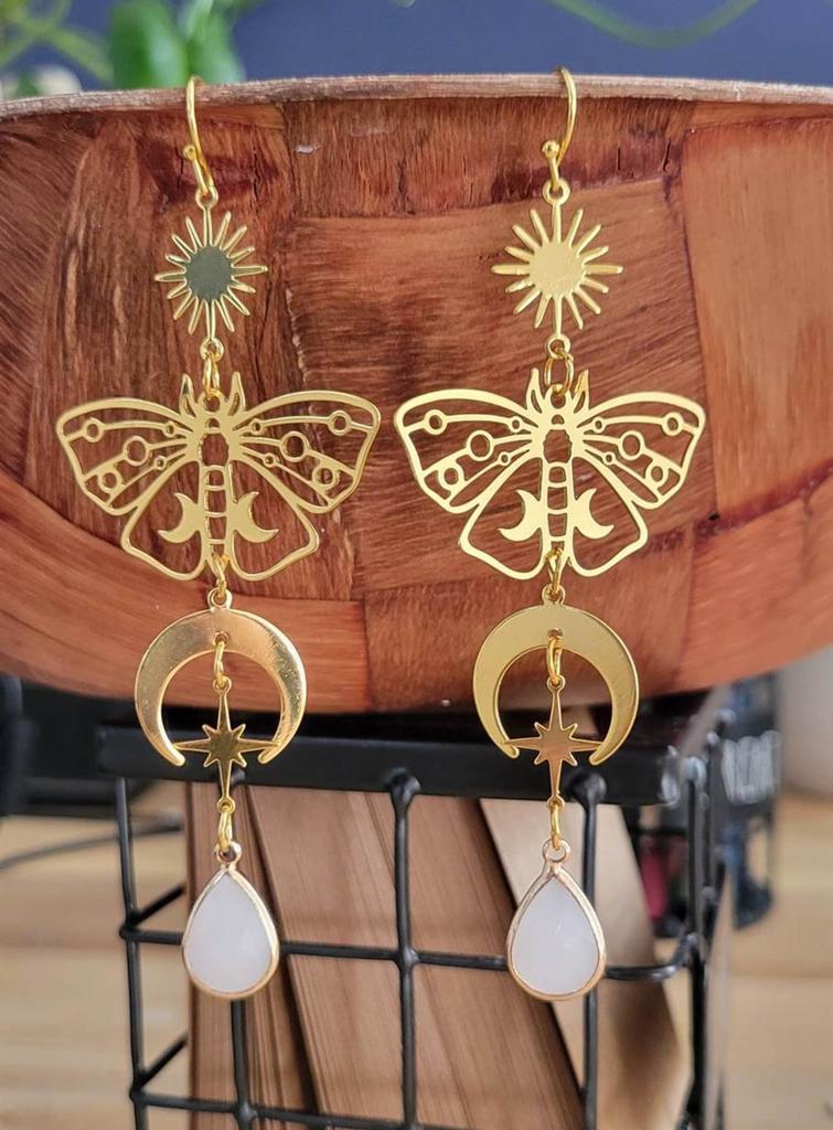 Vintage Hollow-out Butterfly Pendant Earrings Bohemian Moon Moth Ear Hooks Natural Stone Jewelry Accessory Gifts For Women Girls