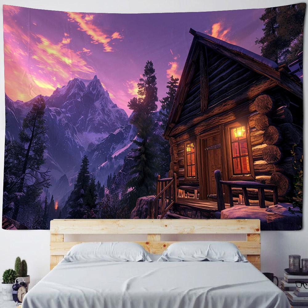 Forest Wooden House Tapestry Hanging Wall, Snow Mountain Landscape, Bohemian Tapestry, Hippie Living Room Wall Background Cloth