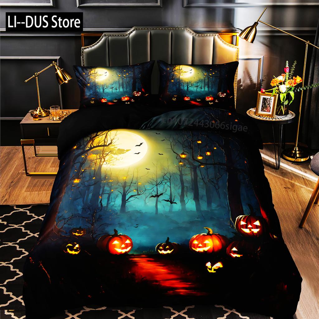 Cat Pumpkin Duvet Cover Set Halloween Comforter Cover Ghost Bedding Set Horror Quilt Cover Black Room Decor 3PCS NO Comforter