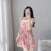 Sweet and sexy suspender skirt pink flower print lace hollow splicing comfortable pajamas cool and comfortable loungewear