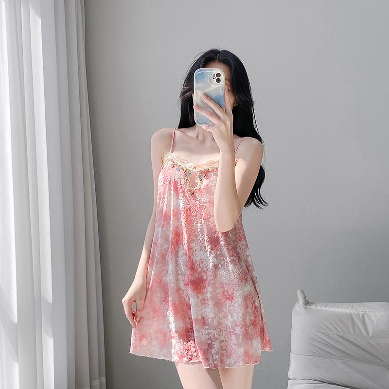 Sweet and sexy suspender skirt pink flower print lace hollow splicing comfortable pajamas cool and comfortable loungewear