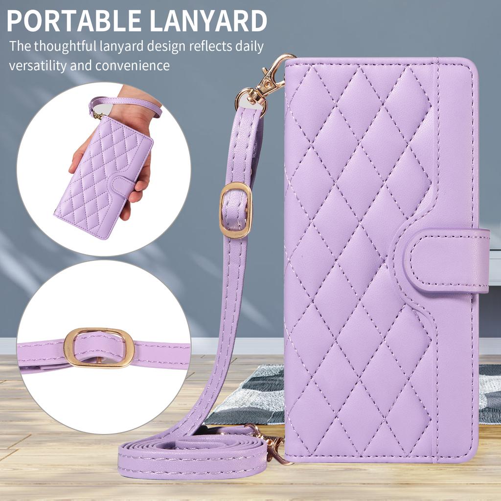 For Xiaomi Redmi Note 14S 4G/Xiaomi Poco M6 Pro 4G/Xiaomi Redmi Note 13 Pro 4G Wallet Case Rhombus Leather Phone Cover with Strap -  Light Purple
