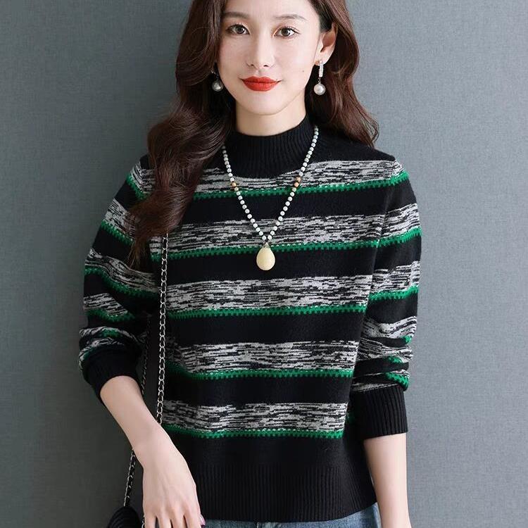 Fashionable Knitted Sweater for Women Half Turtleneck Striped Base Shirt New Style Autumn and Winter Sweater