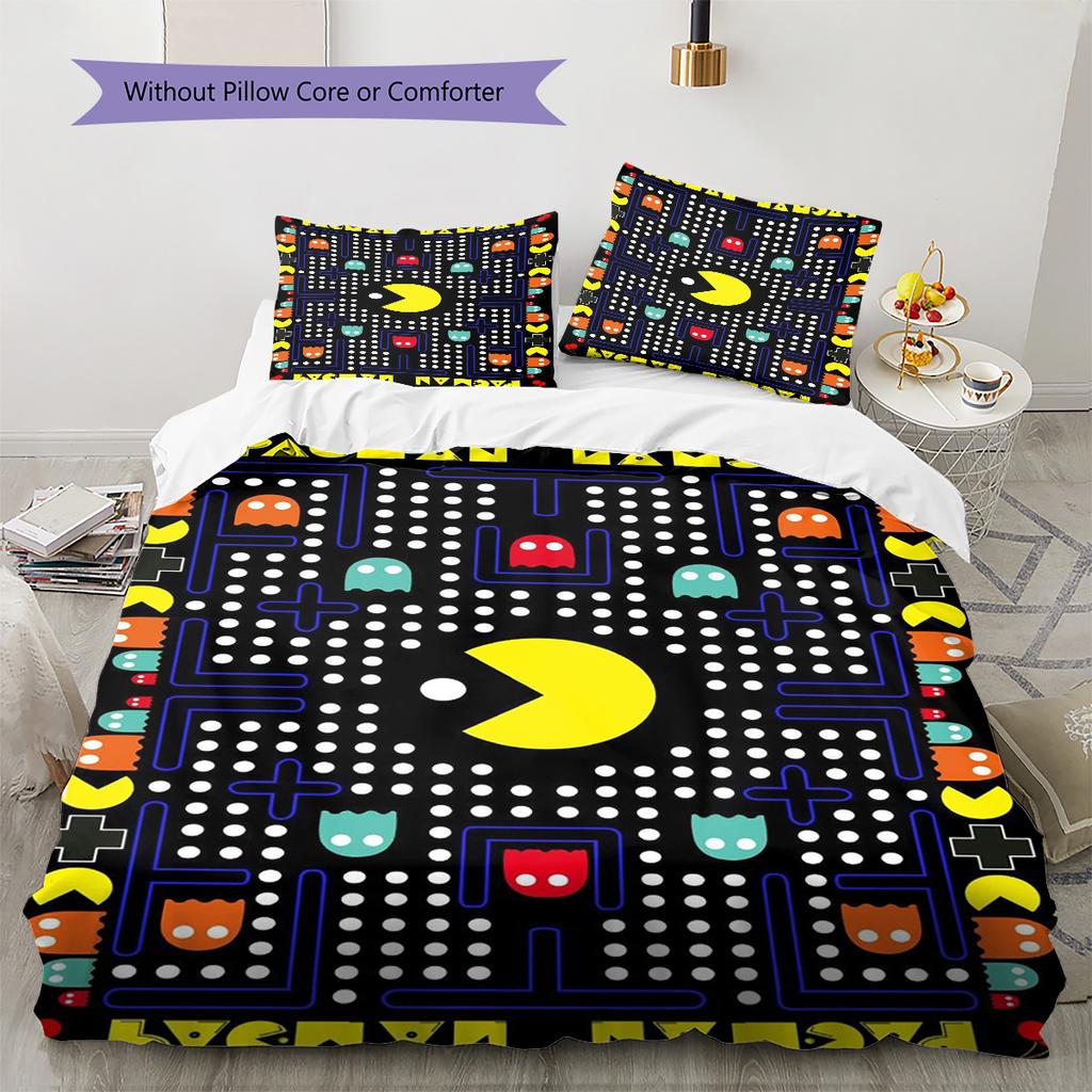 Pościel z wzorem Pac-Man, Zestaw kołdry Poszewka na kołdrę Poszewka na poduszkę Domowy prezent urodzinowy (1 * poszwa na kołdrę + 2 * poszewki na poduszki, bez rdzenia)