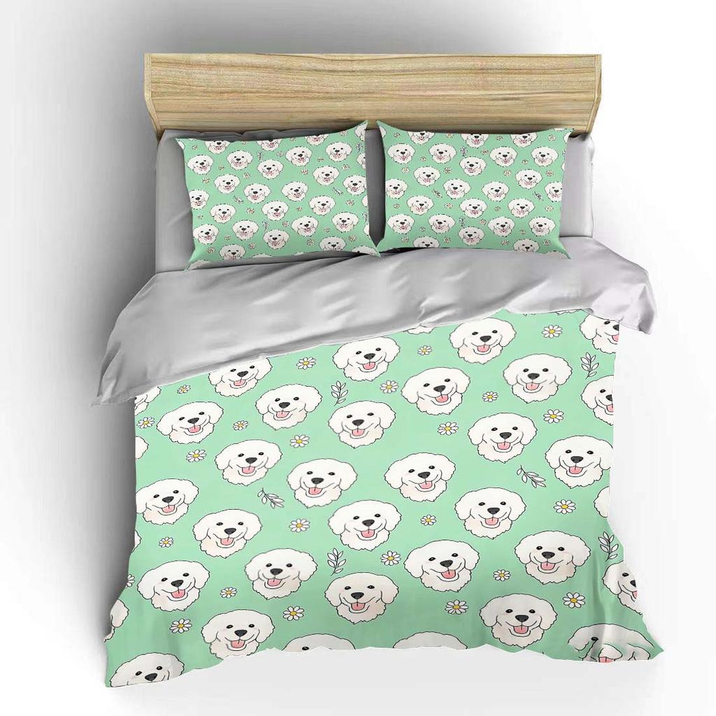White Dogs and Flower Pattern Duvet Cover Set Digital Print Colorful Polyester Bedding with Zipper Closur for Kids Gifts