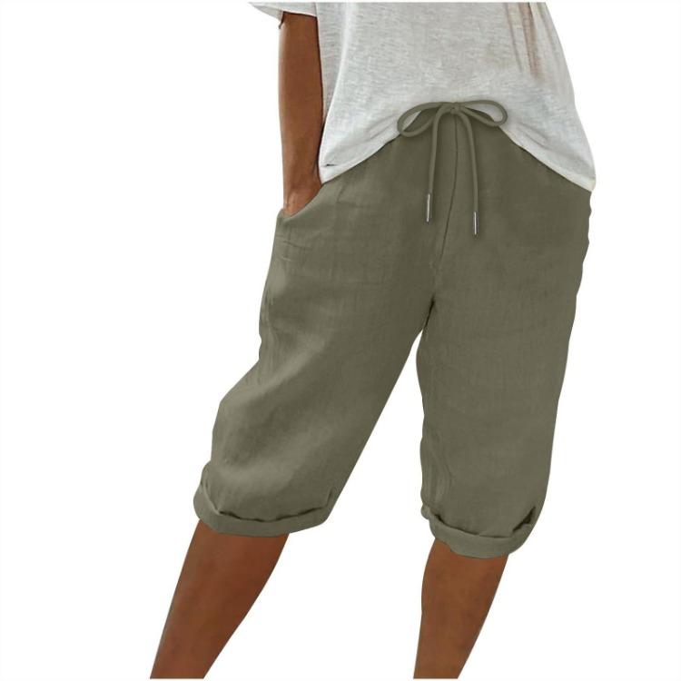 Women Casual Linen Shorts with High Waisted Drawstring Pants Pockets